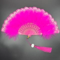 Elegant pink feather lace fan with golden floral patterns and decorative tassels - Bronzing Feather Fan Rose Red