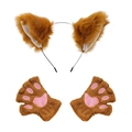Brown cat ear headband and pink paw gloves set for animal cosplay costume parties - Caramel Apricot Inner + Gloves