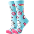 Blue crew socks featuring cute unicorn and pink donut patterns with contrast pink heel - Blue Donut Unicorn