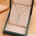 Fashionable titanium steel cross necklace with micro-pave crystals in a premium gift box - 9216 / Silver