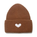 Deep brown knitted beanie for women featuring a white heart embroidery on a cuffed design - M (56-58cm) / Brown