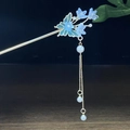 Klassische chinesische Haarnadel mit blauem Schmetterling und goldener Quaste - Schmetterling Blume Künstliche Perle Quaste Stil (0366) / Blau