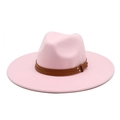 Detail of pink fedora hat featuring double brown leather bands and silver metal rivets - M (56-58cm) / Pink