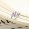 Silver bow ear bone stud with pink heart zircon and screw back closure for cartilage piercing - Pink Heart Bow-knot Style (Single Piece)