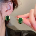 Close-up of green emerald-cut gourd earrings with gold frame worn by a model - 15# 925 Sterling Silver Earring Post - Oval Stud Earrings - Gold Green