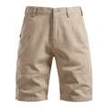 Detail view of khaki cotton cargo shorts featuring a durable button closure and fine stitching - Apricot