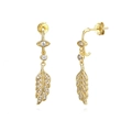 Luxurious gold leaf drop earrings with geometric micro-pave zircons on S925 silver studs - Leaf Drop Earrings / Gold