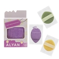 Three-color facial cleansing sponge set in purple, green, and yellow with ALYAN box - ALYAN 3-Piece Box Set / Multicolor