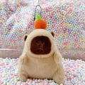 Cute plush capybara keychain with small orange hat on colorful pastel background - Light Brown Orange + Bead Chain