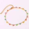Detail view of gold heart link anklet with colorful enamel and adjustable lobster clasp - Multicolor Bracelet 1 (Pastel Hearts)