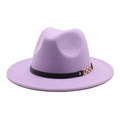 Detail of lavender wool fedora hat featuring a black leather band and gold metal chain buckle - M (56-58cm) / Taro Purple