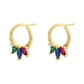 Close-up of gold flower earrings with vibrant red, blue, and green crystals on white back - VE1338 Gold 1 Pair
