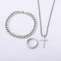 Silver cross pendant necklace set with Cuban link bracelet and pattern ring - Three-Piece Cross Collection (6012) / Silver