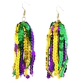 Close-up of Mardi Gras tassel earrings with green purple and gold sequins and beads - Sequin Rope Woven Tassel Dangle Earrings