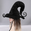 Pleated black witch hat with curved tip and spiral brim for Halloween costumes - One Size / Black Wrinkled Style (With Rope)