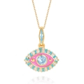 Detailed view of evil eye pendant with pink and blue enamel on gold plated chain - Pink Blue Contrast Series 5 (Blue Stone)