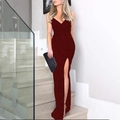 Robe de soirée pailletée bordeaux avec décolleté en V et fente haute sexy chic - Bordeaux