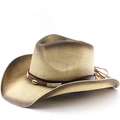 Sombrero de vaquero de paja pintado a mano con degradado y banda de cuero - M (56-58cm) / Beige Café Spray