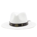 Detail of white straw fedora featuring brown leather band with bronze floral metal ornaments - M (56-58cm) / Pure White