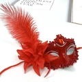 Women's red feather party mask with sequins and faux ruby for Halloween cosplay - Red
