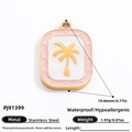 Pink enamel coconut tree pendant in 18k gold plated stainless steel rectangular charm - Coconut Tree Pendant (PJ91399) / 1 Piece / Pink