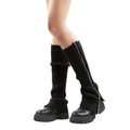 Black ribbed knitted leg warmers for women featuring a full-length silver metal zipper detail - One Size / Black