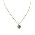 Detail of gold heart necklace featuring a sky blue crystal with pavé zircon borders - Dark Blue