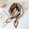 Elegant pleated silk scarf with brown and black abstract print in a square design - Camel Border Striped Leopard