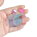 Detail of pink mirror star earrings with iridescent acrylic disco ball pendant hanging - AB Color