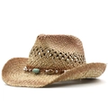 Handwoven western straw cowboy hat with bohemian bead band for sun protection - Adjustable / Beige Khaki
