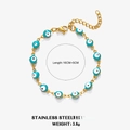 Golden stainless steel bracelet featuring twelve blue enamel evil eye charms - Emerald Green