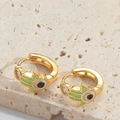 Gold Hamsa Hand huggie earrings with green enamel devil's eye and zircon accents - Green