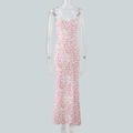 Detail of pink floral print fabric and slim fit design on summer maxi dress - S / Pink Floral