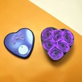 Purple heart-shaped tin gift box with six soap roses and a matching violet ribbon bow - 6 Pieces / Transparent Purple