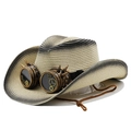 Steampunk western cowboy straw hat with vintage gear goggles and windproof lanyard - M (56-58cm) / Beige Black Gradient