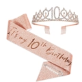 Rose gold 10th birthday set with glitter sash, rhinestone tiara and pearl pin - 10 Years Old Rose Gold (Tiara And Pink Sash And Pin)