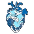 Detail of heart-shaped enamel pin featuring blue and white wave ocean art patterns - Great Wave Heart Style (xz2051)
