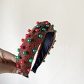 Red and green woven Christmas headband with large red and green pearl decorations - Metallic Wire Red