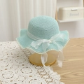 Detail of mint green straw sun hat with white organza bow and delicate lace edge - 52cm (Recommended 2-6 Years) / Blue Hat