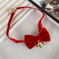 Detail eines roten Samt-Chokers mit Schleife und goldener Glocke auf einem Schmucktablett - Rot
