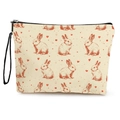 Canvas makeup bag with red rabbit and heart prints, featuring black zipper and hand strap - 17*25cm (Linen) with Strap / All-over Bunny Heart Style (款式2)