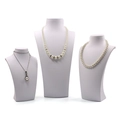 Three-piece white brushed leather bust displays with elegant pearl necklaces and pendants - L-Shape White - Small 3-Piece Set / 12.5*23cm