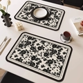 Waterproof leather placemat with vintage black rose design and modern text border - Square Rounded / 4 Pieces / French Vintage Style-M