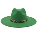 Detail of green wool fedora hat featuring a bold gold acrylic chain and flat brim - Adult (57-60cm) / Grass Green (Acrylic)