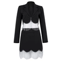 Detail of black blazer dress featuring sparkling silver rhinestone fringe on waist and hem - L / Black