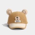 Autumn winter baby baseball cap with plush ears in brown and beige corduroy style - Bear Nose Style / Khaki