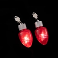 Close-up of red LED light bulb earrings with starburst glow and silver screw-on clips - Clip-on Earrings / Red Bulb Ear Clip