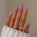 Pink cat eye french press-on nails with long almond shape and gold pearl jewelry - Pink Almond Glitter (XG-32-06)