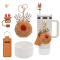 Christmas theme Stanley cup accessory set with reindeer straw cover and plush deer charm - Christmas Antler Pom Pom Theme