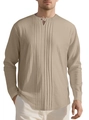 Chemise Henley homme en lin kaki à manches longues avec patte plissée et col rond - S / Kaki